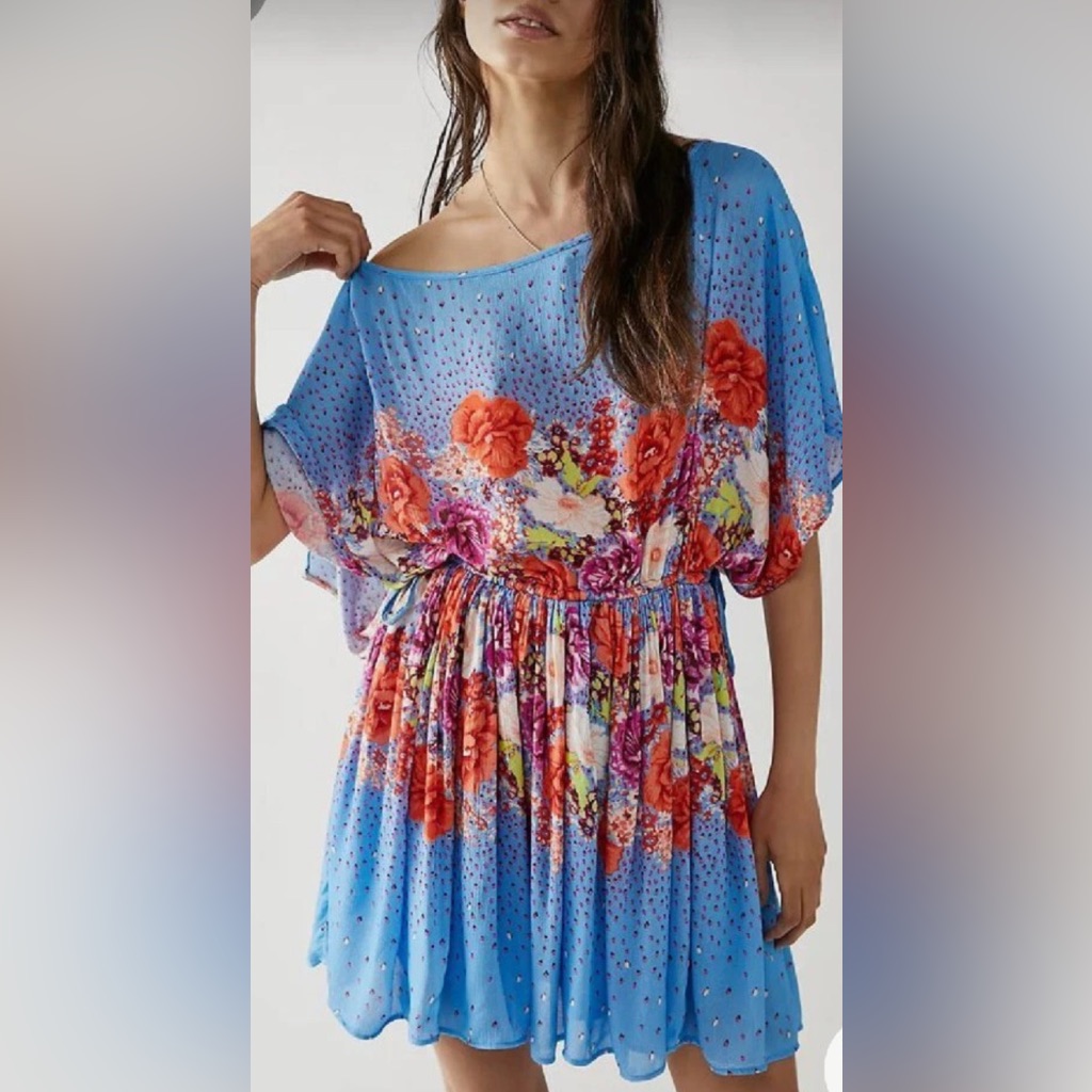 Free People Botanical Borders Mini Dress. Blue Combo. Large.